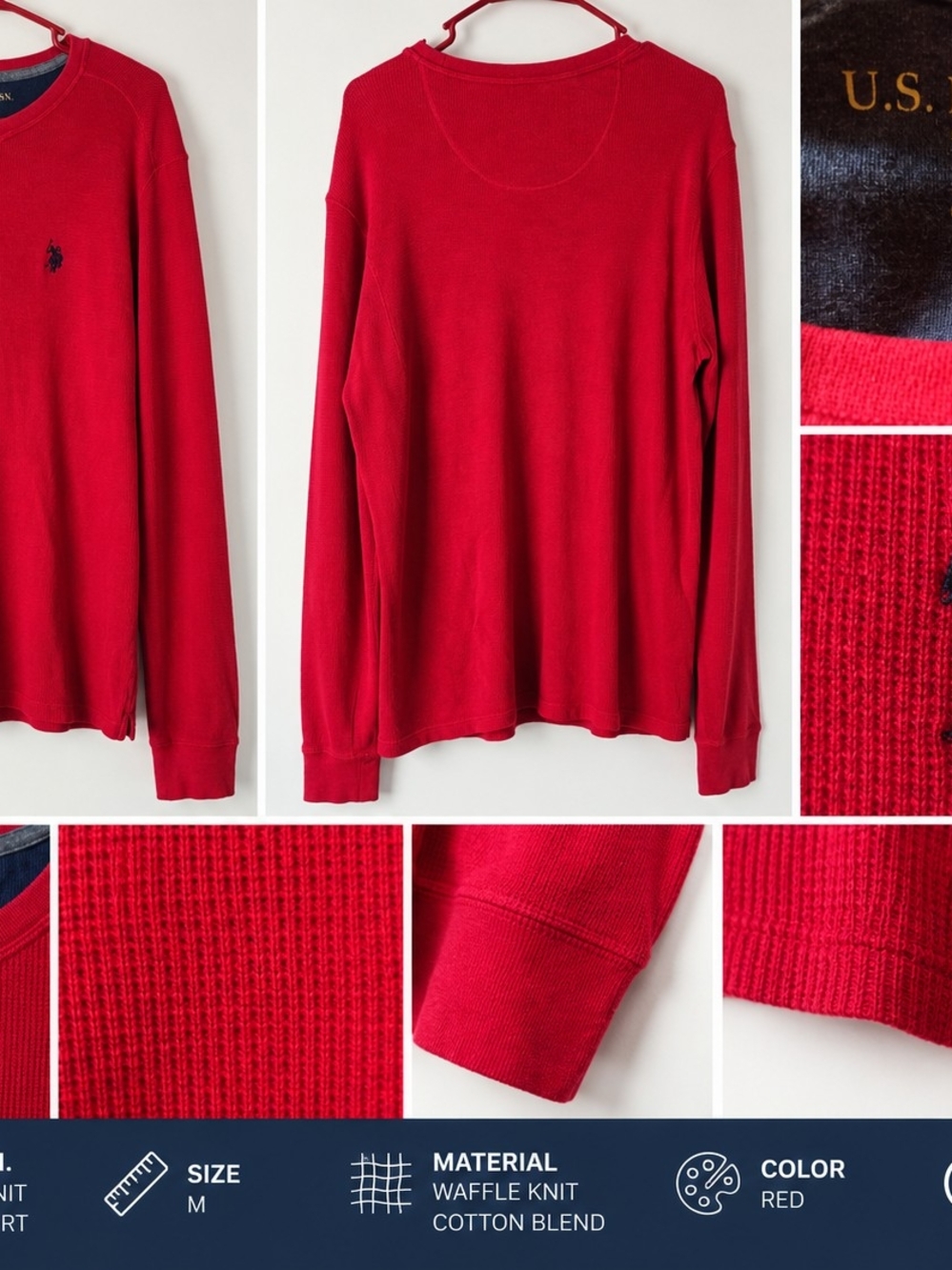 U.S. Polo Assn. Men's Red Waffle Knit Long Sleeve Thermal Shirt Size M